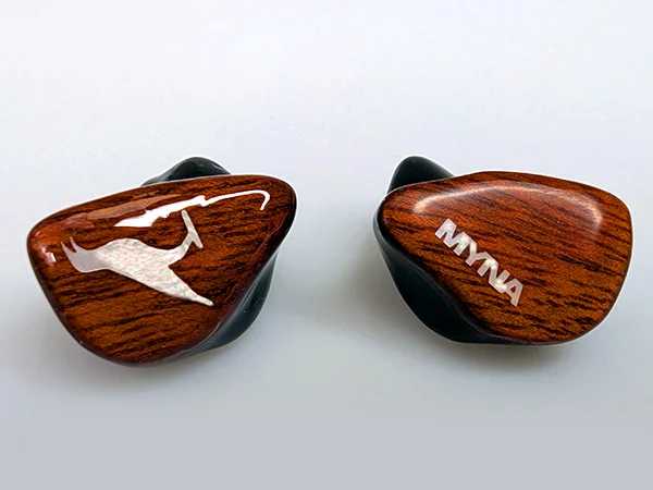 Myna custom-molded IEMs with bloodwood faceplates and pearl graphics