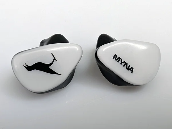 Myna custom-molded IEMs with white faceplates and black graphics