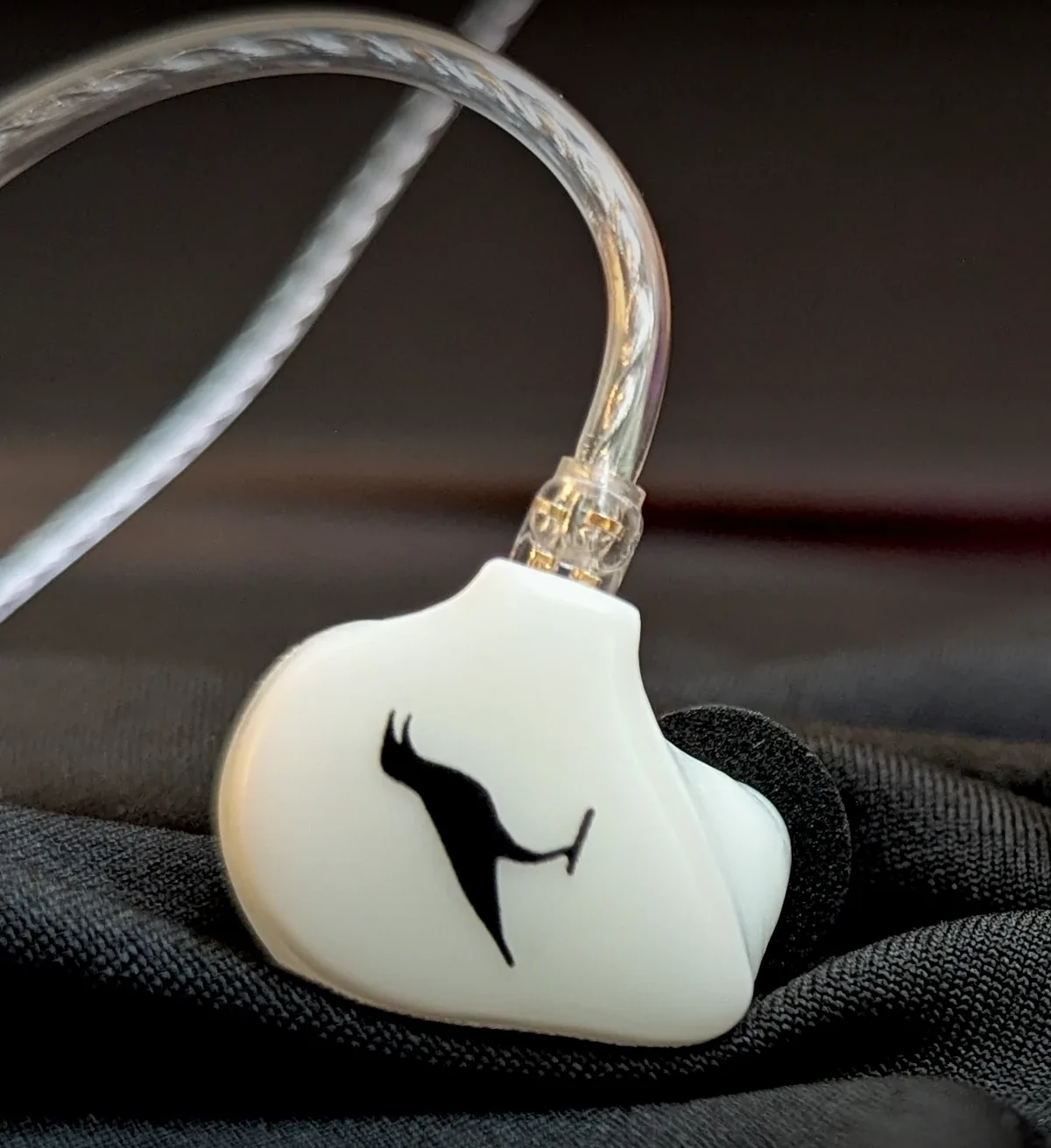 A pair of Myna universal-fit IEMs on dark fabric