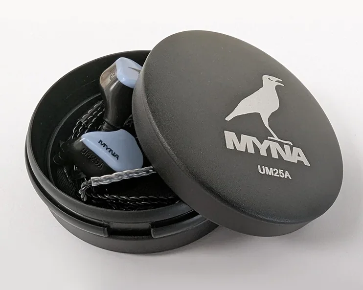 A pair of Myna IEMs in their carrying case