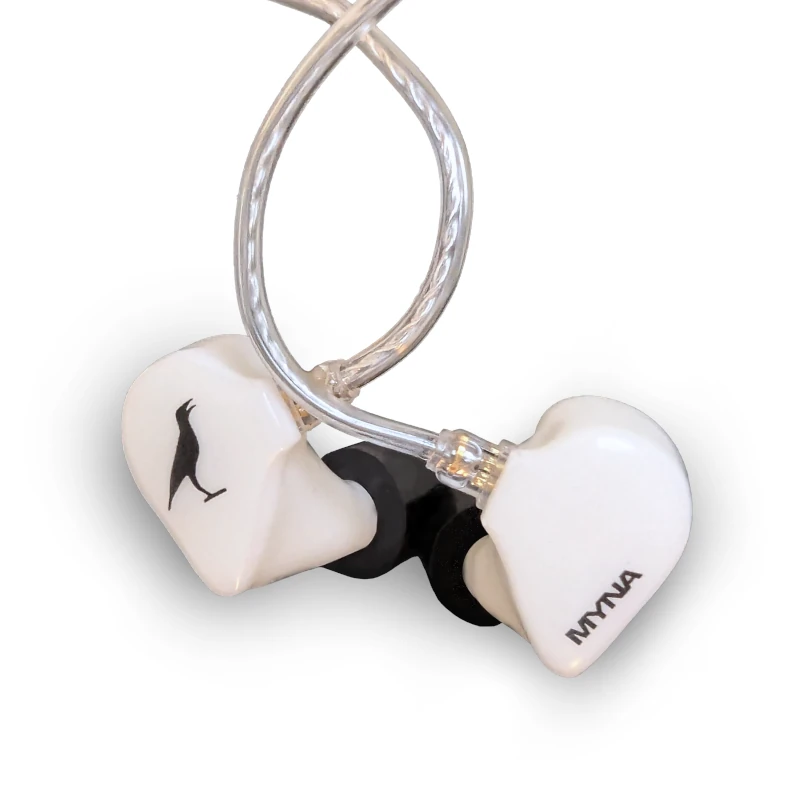 A pair of white Myna Universal-Fit IEMs with a clear removable two-pin cable